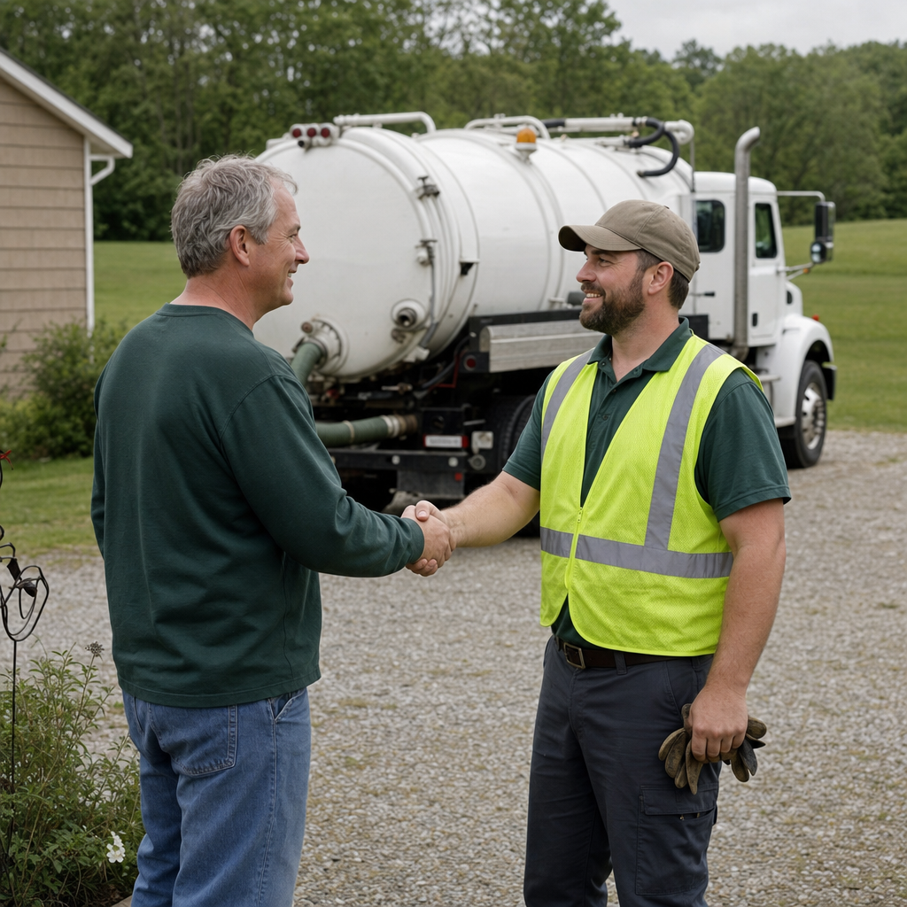 A septic technician shaking a St. George homeowner's hand beside the service truck after a completed pump-out