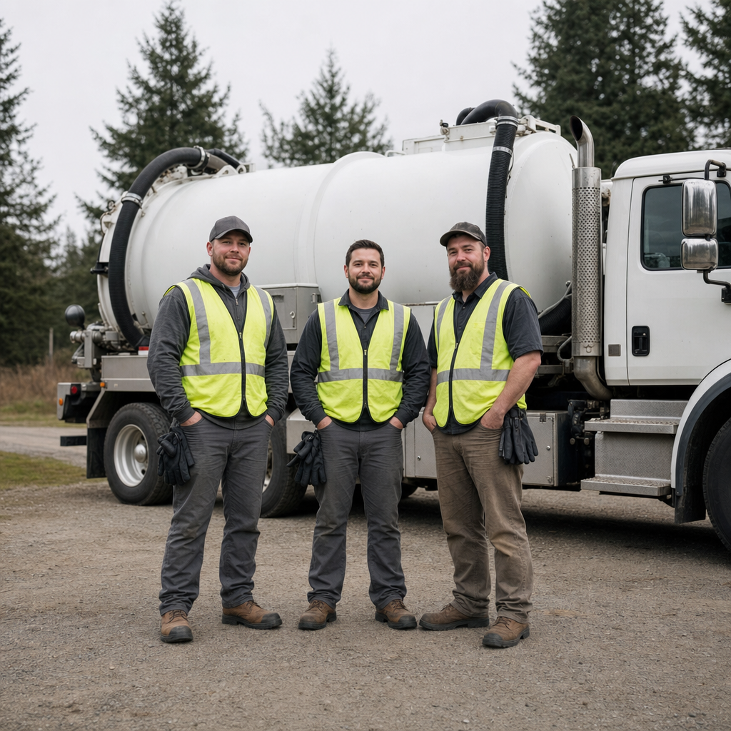 The St. George septic pumping crew standing together beside their clean white vacuum truck on a residential street