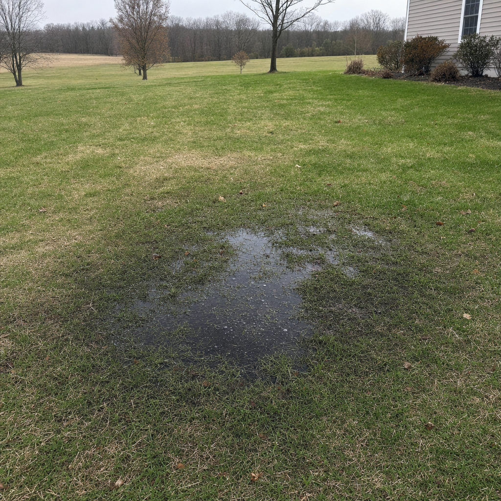 A dark, saturated wet spot in a St. George backyard lawn marking a failing cesspool at capacity