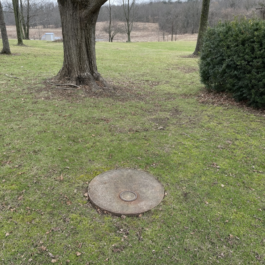 An older round cesspool access lid set flush in an established, mature St. George backyard lawn