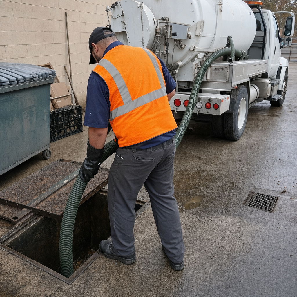 Technician pumping a grease trap behind a St. George restaurant