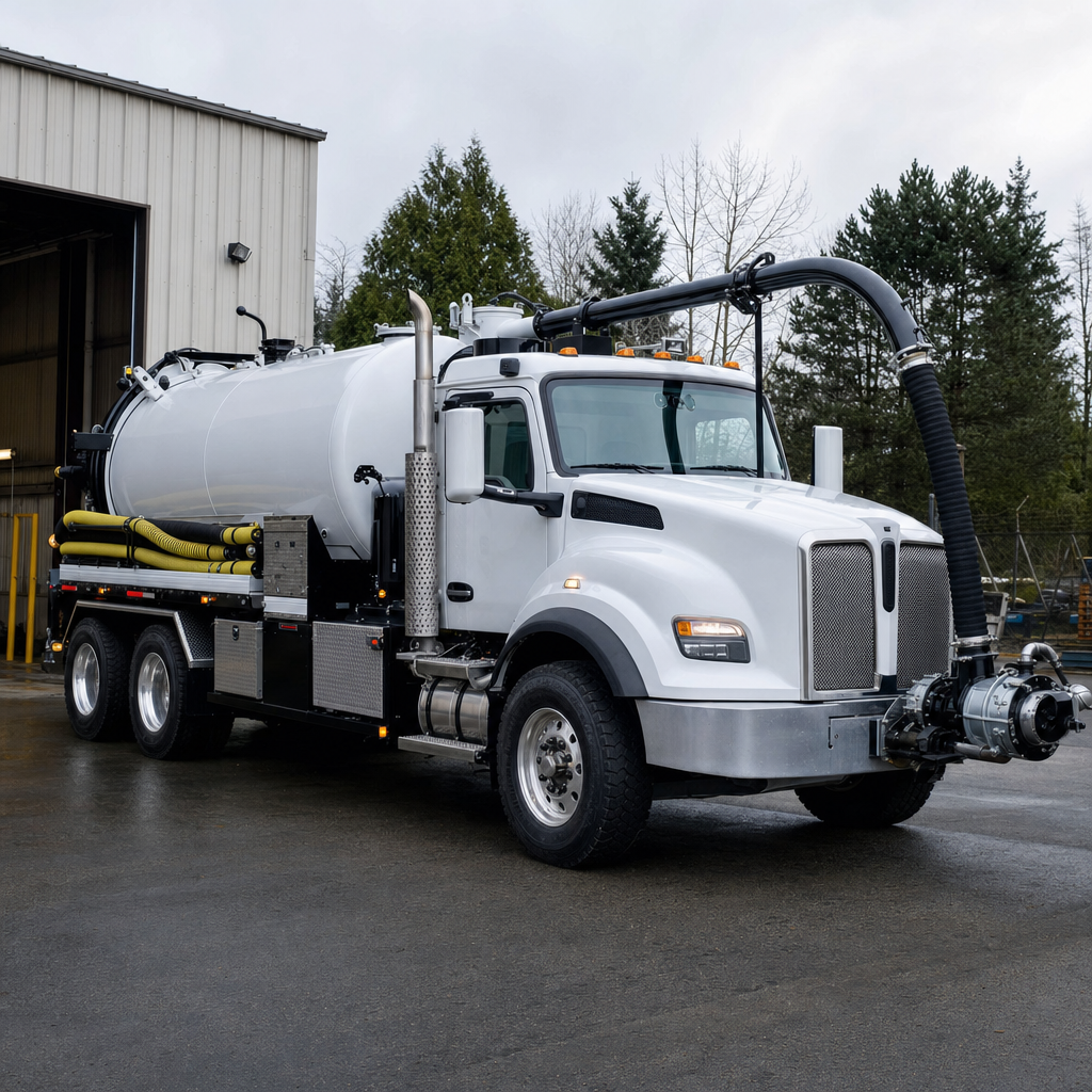A clean white septic vacuum truck rolling out of a tidy St. George service depot at the start of the day
