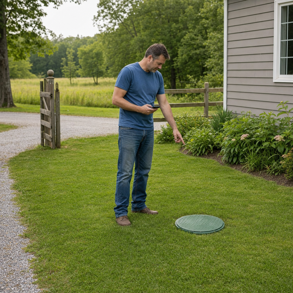 A St. George-area homeowner standing in the backyard noting where the septic tank lid and access route are located
