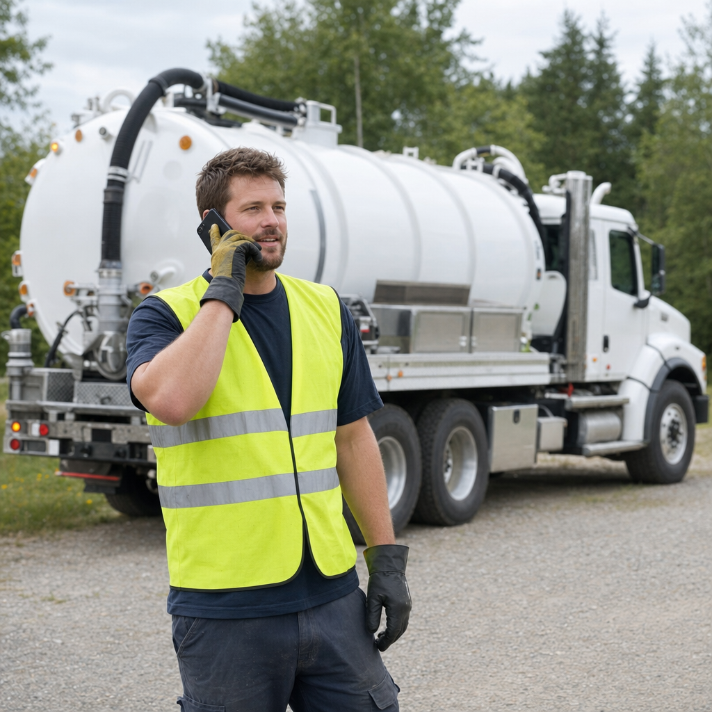 A friendly septic dispatcher holding a phone, ready to answer a St. George homeowner's call about a pump-out