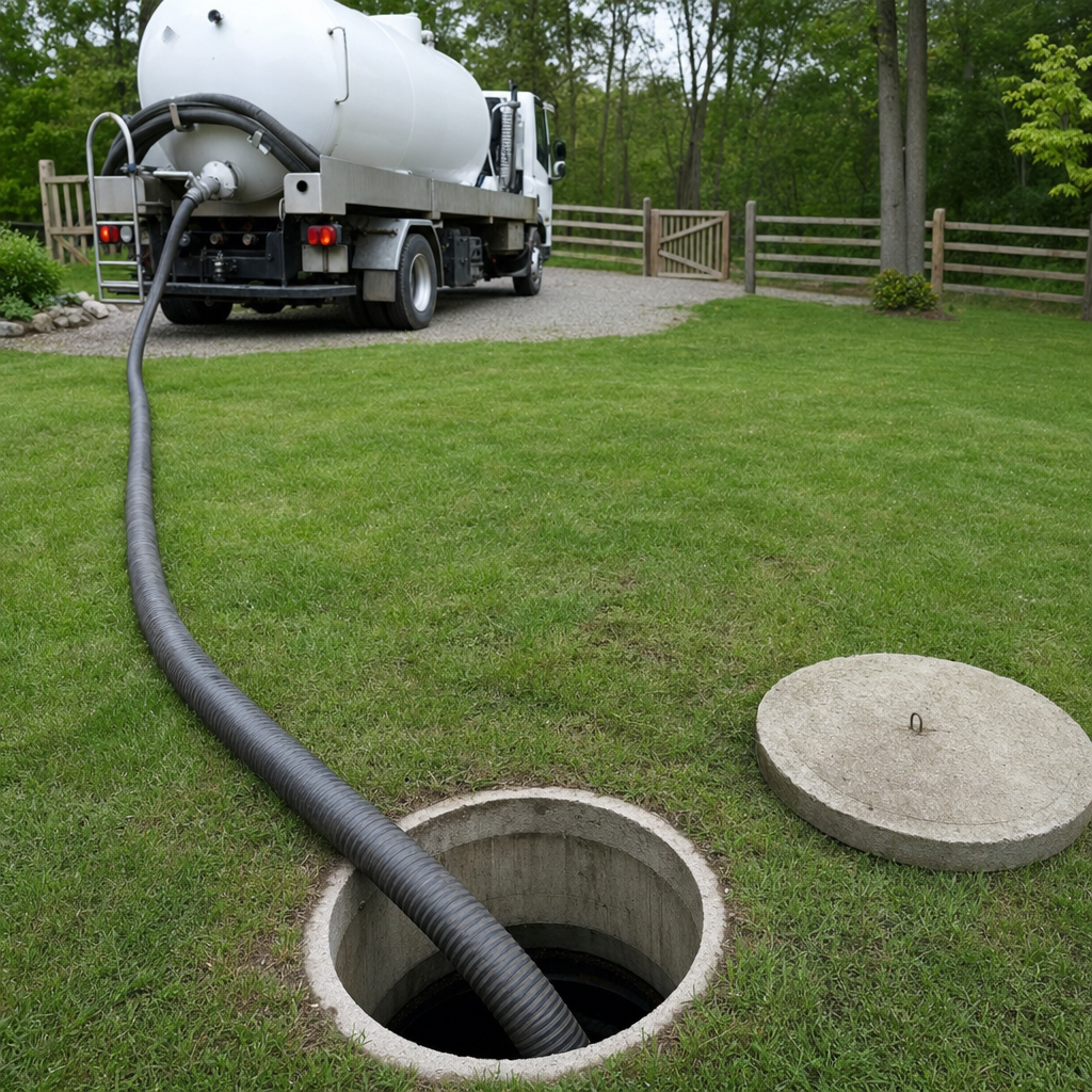 Suction hose connected to an open septic tank, drawing it down in a tidy St. George yard