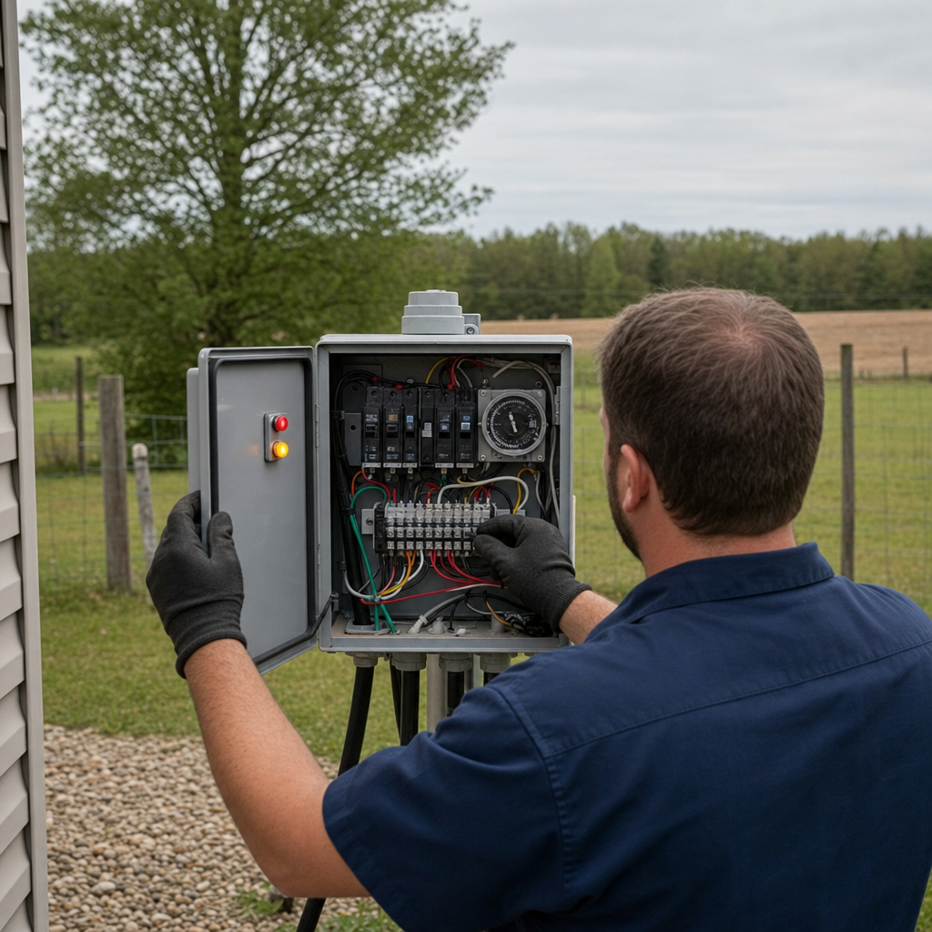 Technician checking an aerobic septic control box with a lit red high-water alarm during a same-day St. George visit