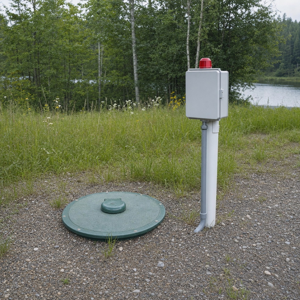 A wastewater holding tank access lid set in the ground at a rural St. George-area cabin, with a mounted high-level float alarm panel nearby