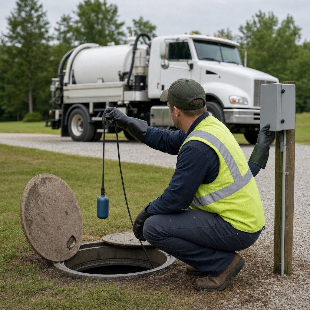 A septic technician in a high-visibility vest checking a high-level float switch and alarm panel on a holding tank at a rural St. George-area site