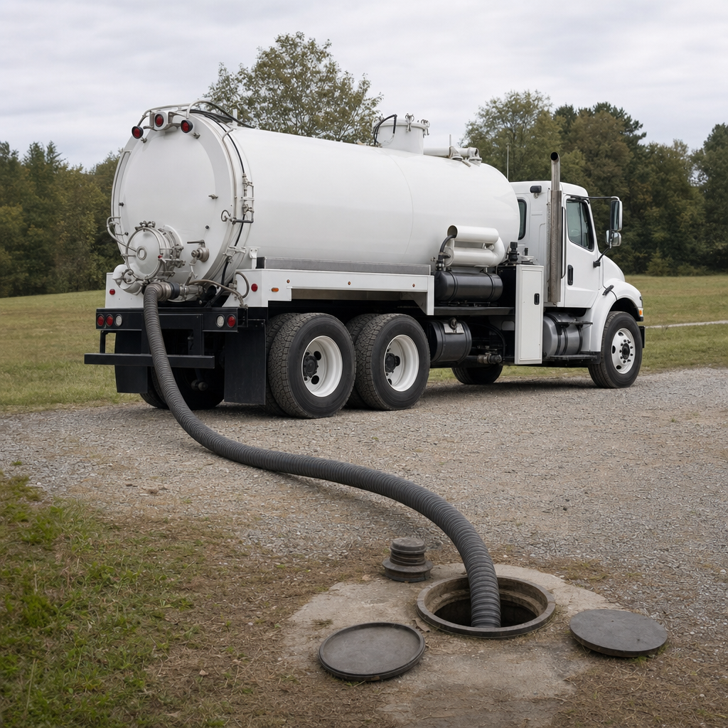 An unmarked white vacuum truck emptying a wastewater holding tank on a scheduled visit at a rural St. George-area property, thick suction hose running to the tank lid