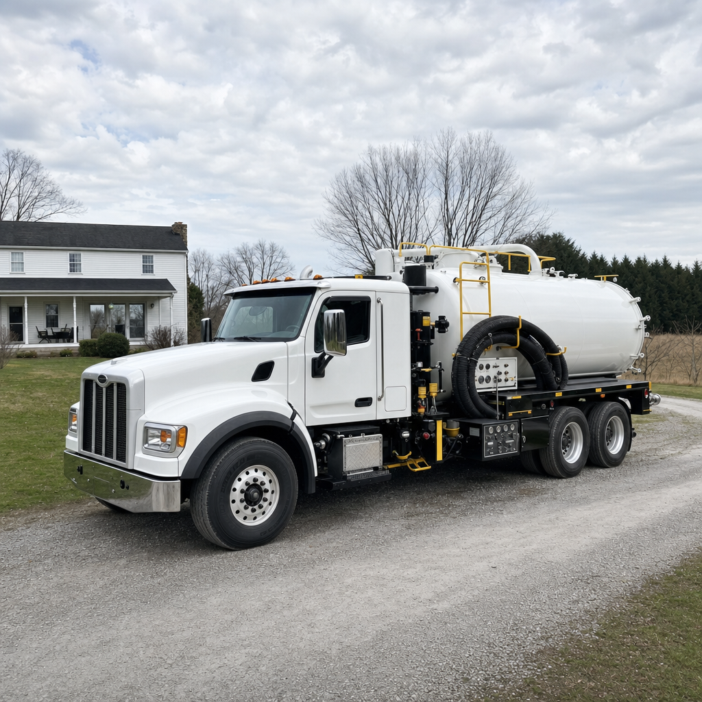 A clean white septic vacuum truck parked on a tidy St. George driveway with the suction hose neatly coiled