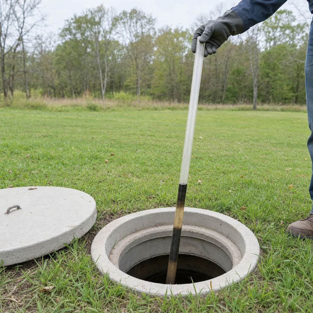 A septic sludge-judge measuring stick lowered into an open St. George septic tank to read the depth of the sludge and scum layers before deciding whether a pump-out is due