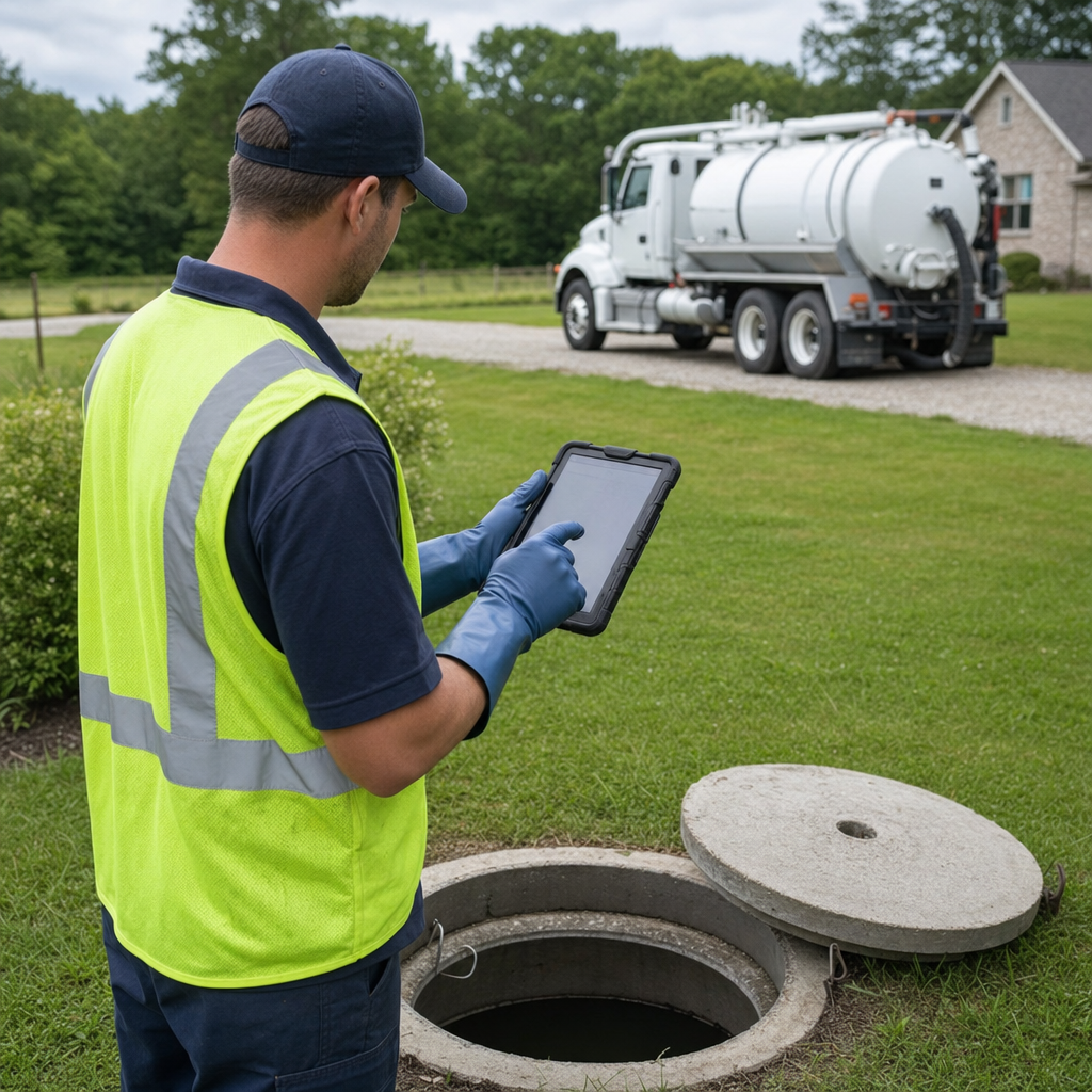 A septic technician recording a St. George home's pump-out date and tank condition on a tablet beside an open access lid, tracking the service history that sets the next due date