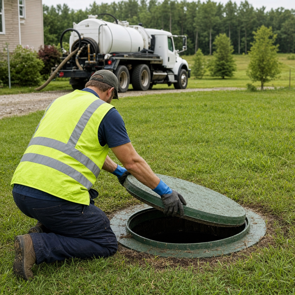 Septic technician kneeling on a St. George lawn, lifting the access lid on a residential septic tank