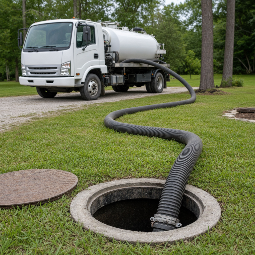 Thick ribbed suction hose lowered into a clean open septic tank port on a tidy St. George backyard lawn