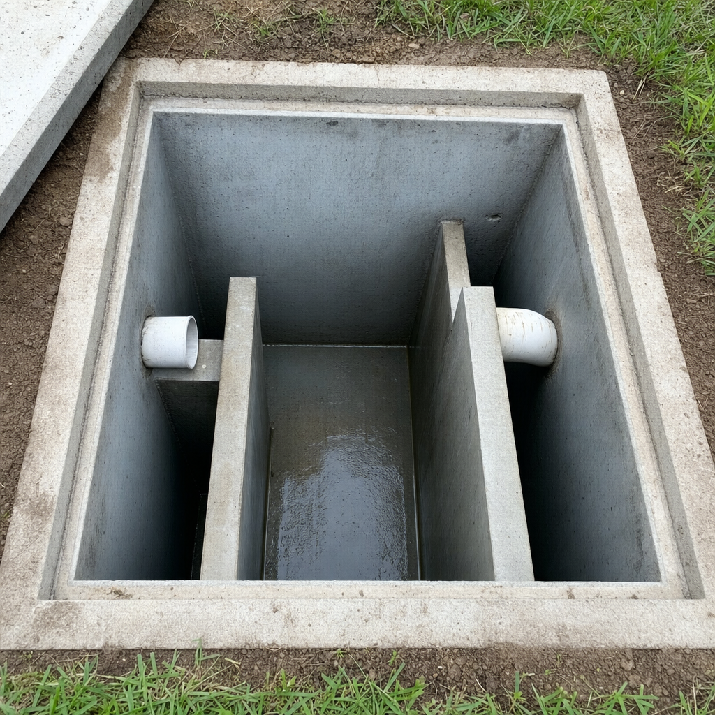 Inspection of the concrete baffles inside an open, emptied and freshly cleaned St. George septic tank
