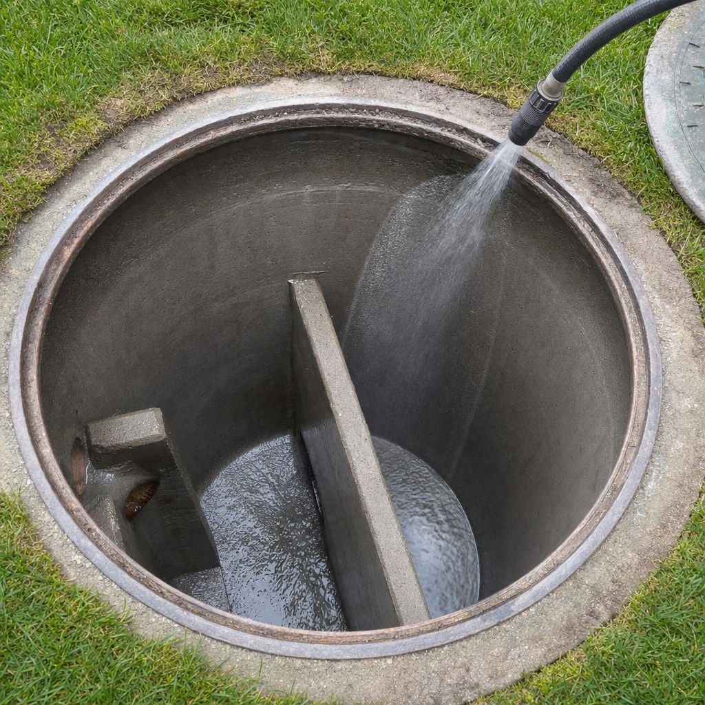 Interior concrete walls of an emptied St. George septic tank being rinsed clean with the truck's onboard water hose