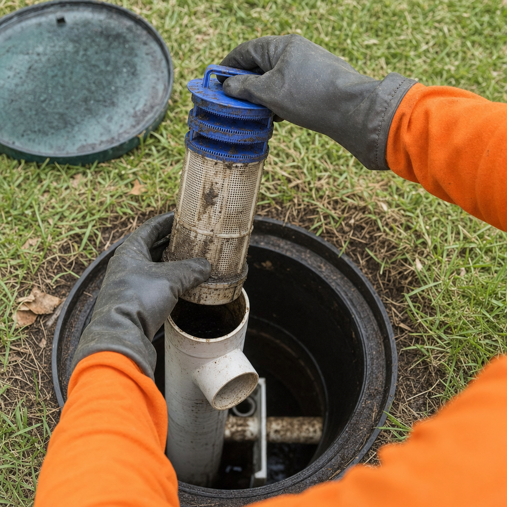 Septic technician's gloved hands lifting the effluent filter cartridge out of the outlet housing on a St. George septic tank