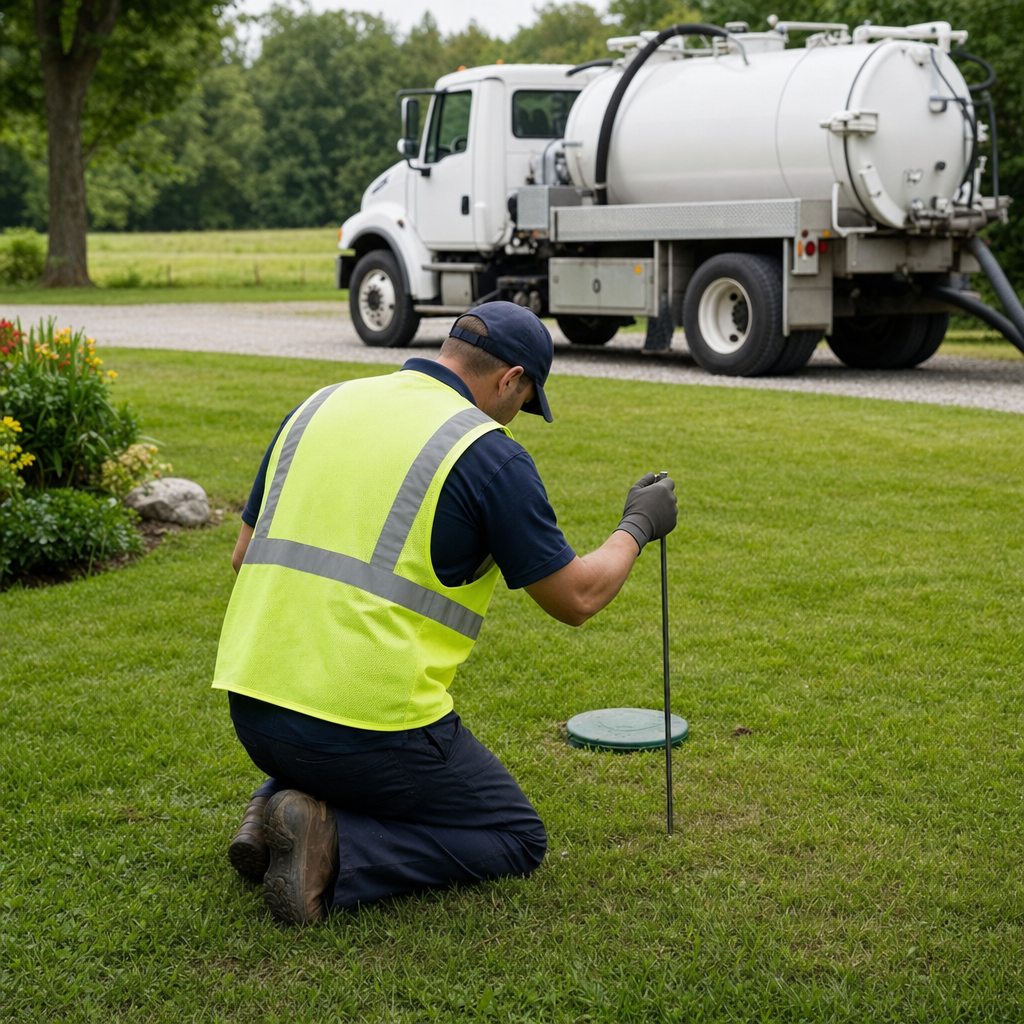 Septic technician kneeling on a St. George lawn, probing to locate and measure the depth of a buried septic tank lid before pumping