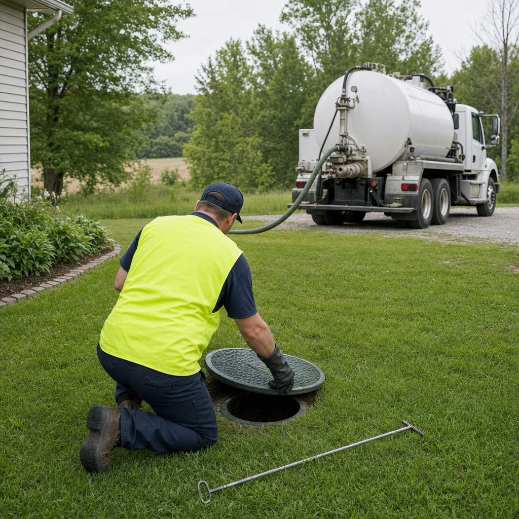 Septic technician kneeling on a St. George lawn, lifting the buried access lid on a residential septic tank