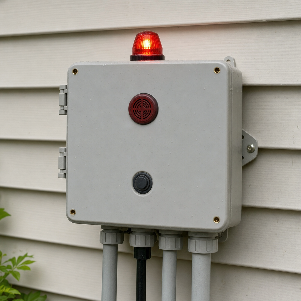 An aerobic septic system control panel mounted outside a St. George home with its red high-water alarm light lit