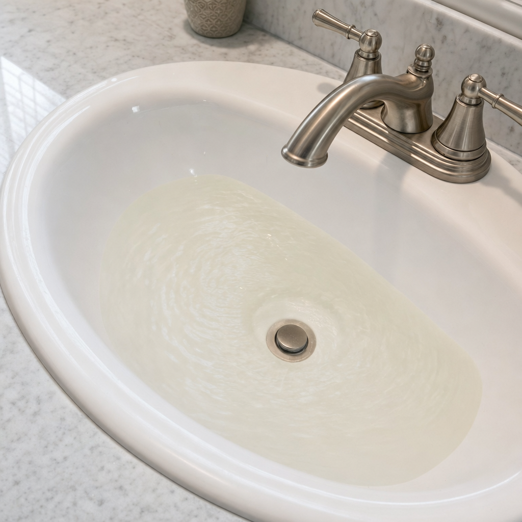 A bathroom sink draining slowly with water pooled in the basin, an early warning sign that a St. George septic tank is full